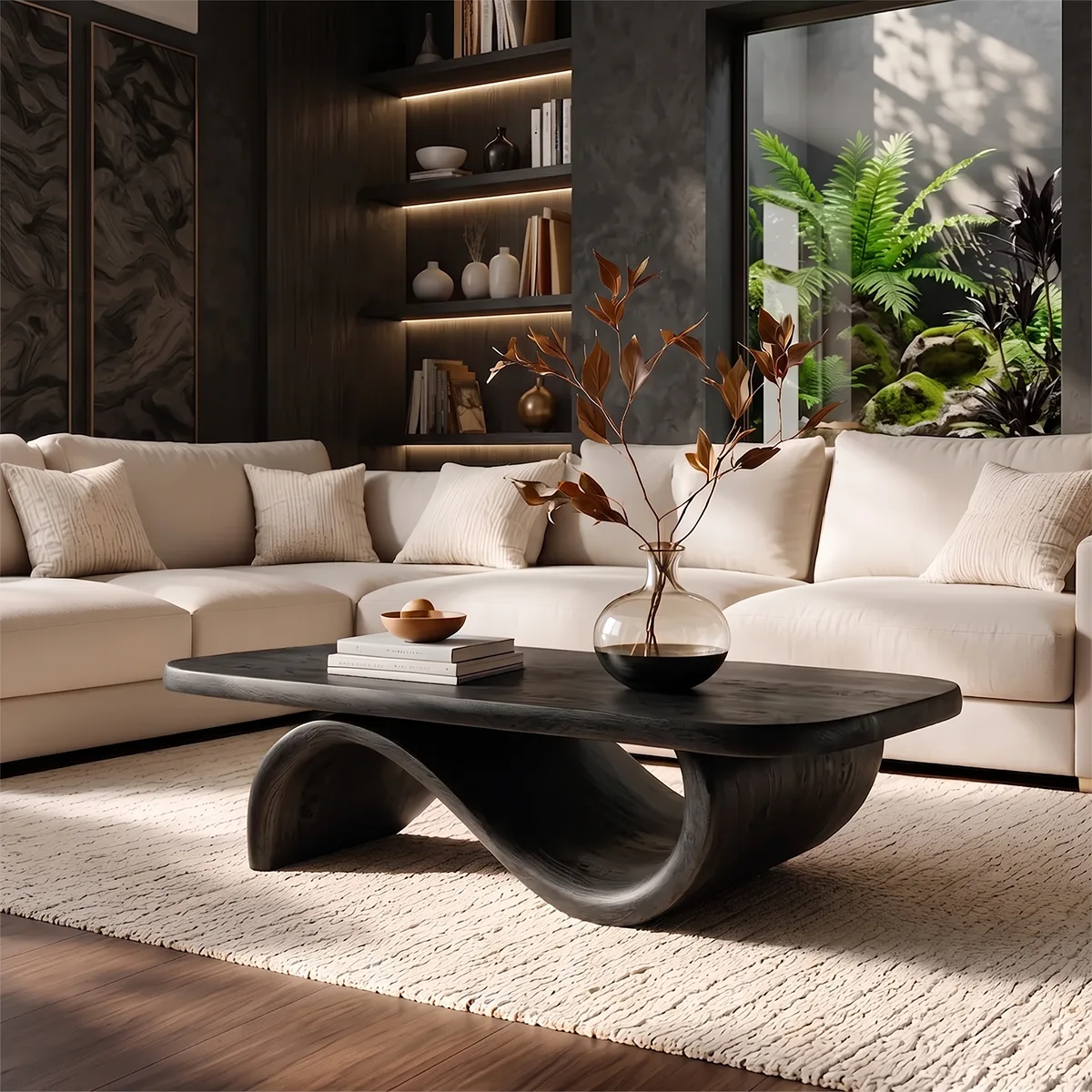 Sculptural Curved Coffee Table with Wave Base | Organic Modern Living Room Center Table
