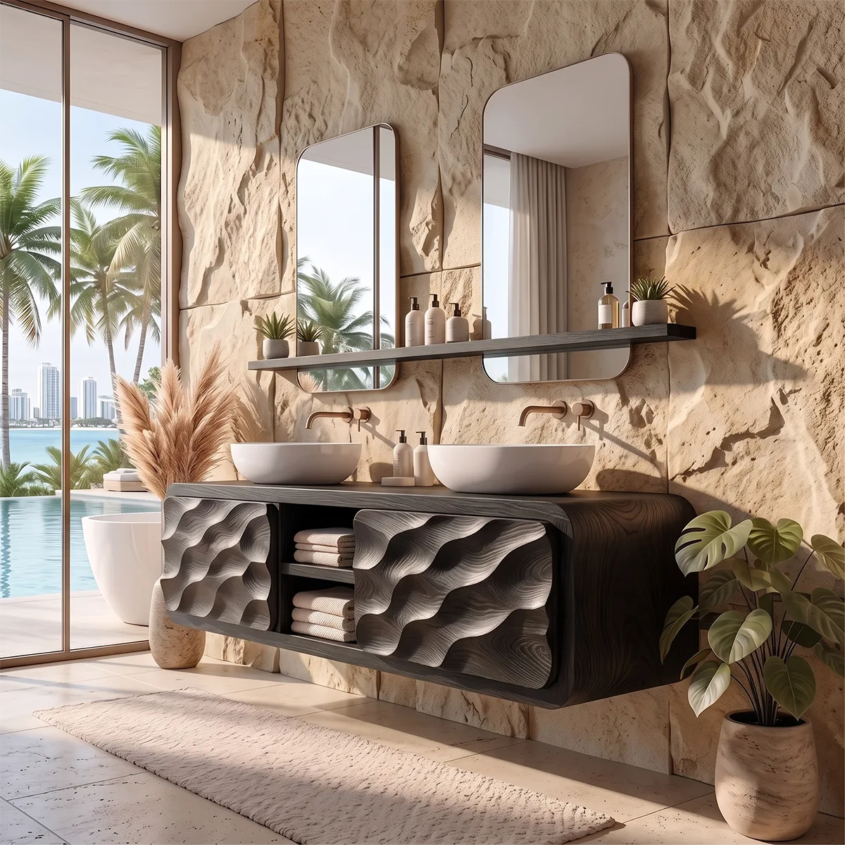 Modern Floating Bathroom Vanity with Wave Carved Doors & Center Open Shelves TH003-3UED6AZ