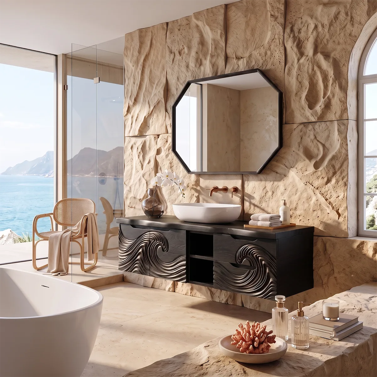 Modern Floating Bathroom Vanity with Wave Carved Cabinet, Open Shelf & Dual Drawers TH003-5MOV2YH
