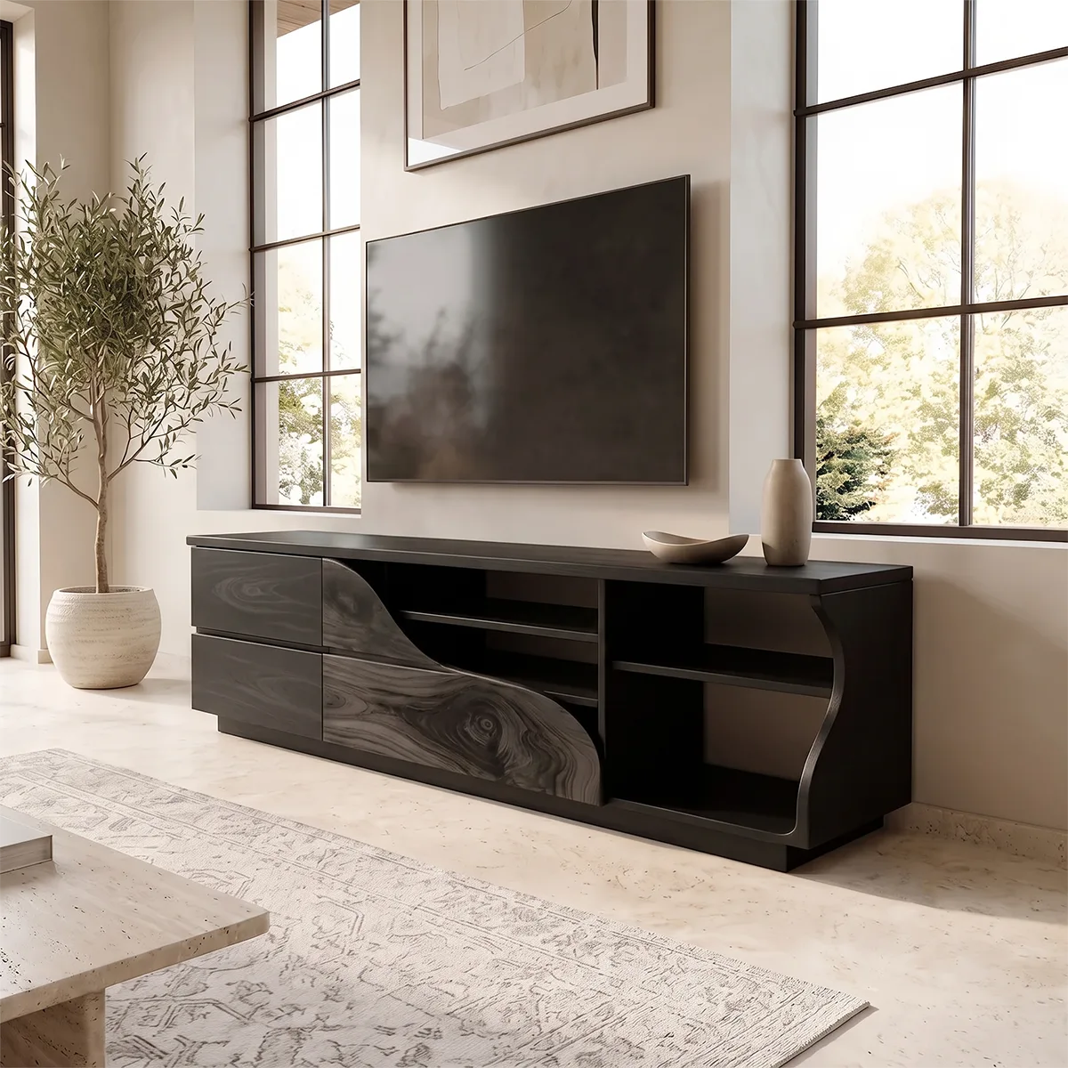 Asymmetrical TV Stand with Drawers & Open Shelves | Sculptural Media Console TH003-7SZG2XE