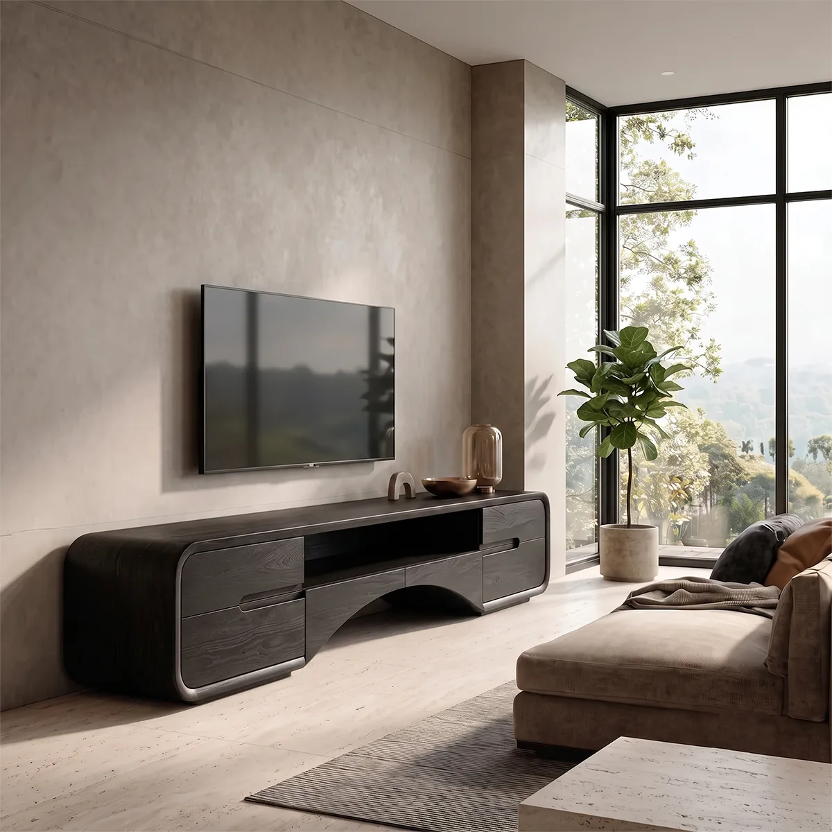 Modern TV Stand with 4 Cabinets & Open Shelves | Organic Media Console TH003-2UWX3PR