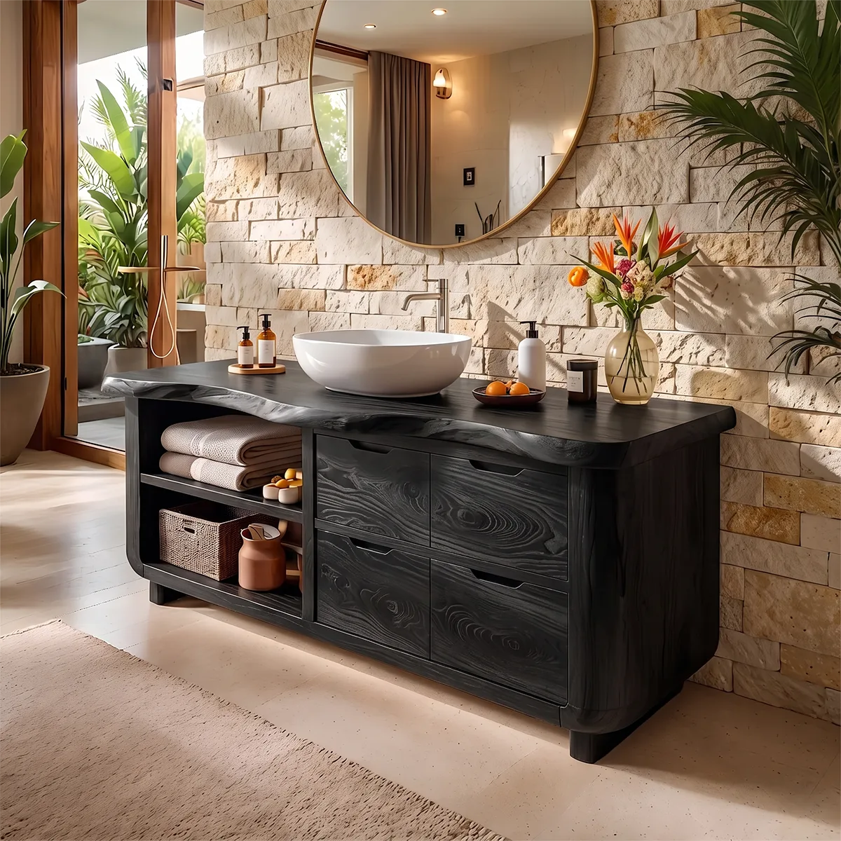Organic Live Edge Bathroom Vanity with Open Shelving & Storage Drawers TH003-2XFK6JI