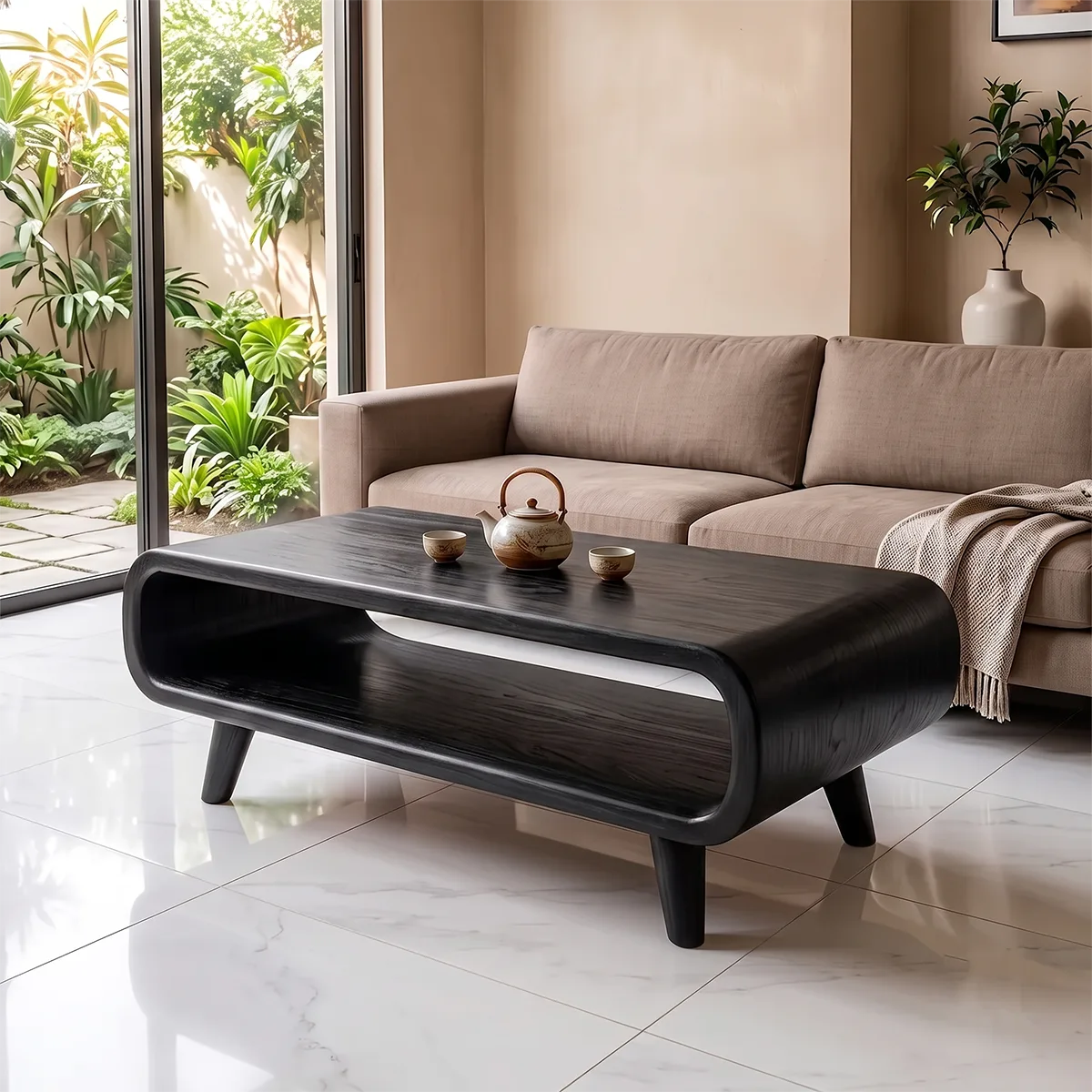 Modern Waterfall Coffee Table with Open Shelf | Mid-Century Curved Center Table for Living Room TH003-3124