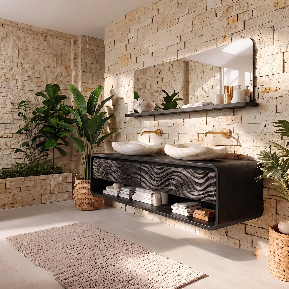 Modern Floating Bathroom Vanity with Drawers & Open Shelf | Wall-Mounted Vanity with Rounded Waterfall Design TH003-4NBY6SF