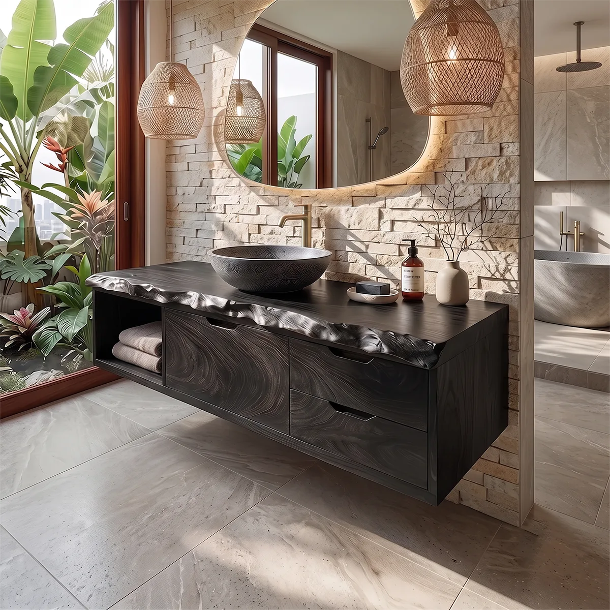 Floating Bathroom Vanity with Cabinet, Two Drawers & Open Shelf | Modern Live Edge Bathroom Vanity TH003-4SBL5MC