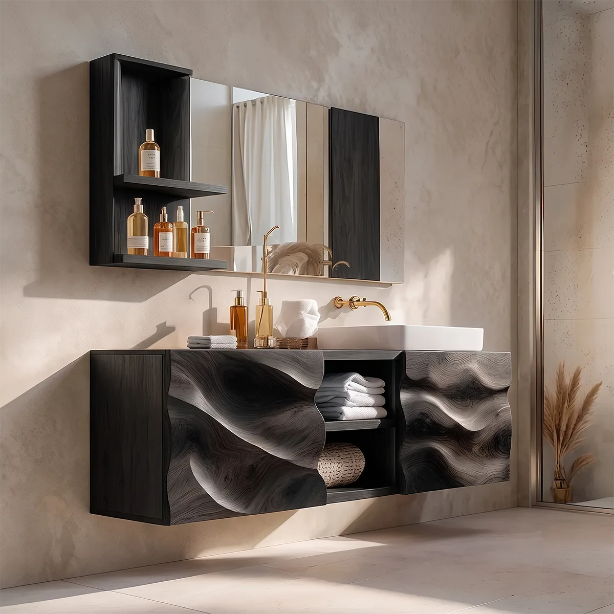 Modern Floating Bathroom Vanity with Sculpted Wave Front | Wall Mounted Bathroom Vanity TH003-3JBW4WW