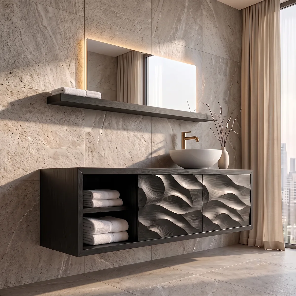 Modern Floating Bathroom Vanity with Sculpted Wave Doors | Wall Mounted Vanity Cabinet TH003-9UNQ5XS