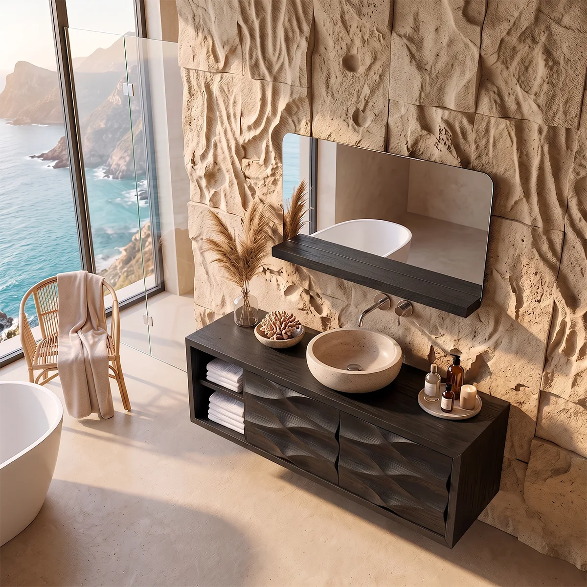 Modern Floating Bathroom Vanity with Sculpted Wave Doors | Wall-Mounted Vanity Cabinet TH003-6TQY1HS