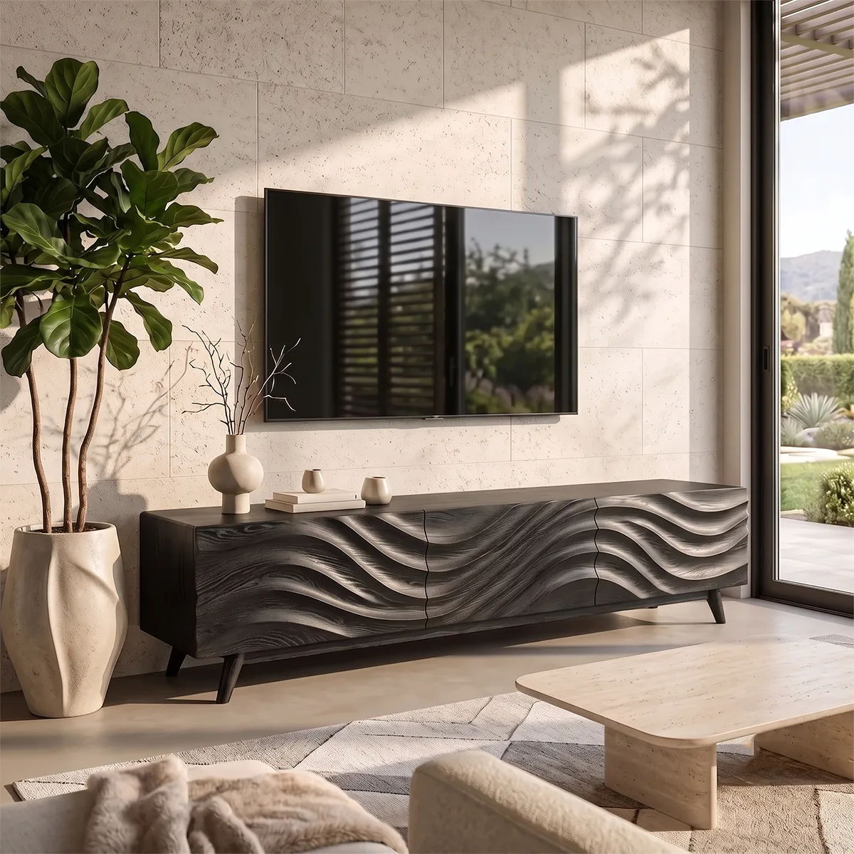 Modern Wave Front TV Stand with Dual Cabinets & Center Drawer | Contemporary Media Console TH003-9IBA7YN