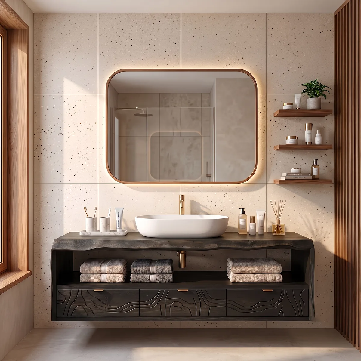 Floating Bathroom Vanity with Live Edge Countertop & Carved Drawer Fronts TH003-6UAW7UW