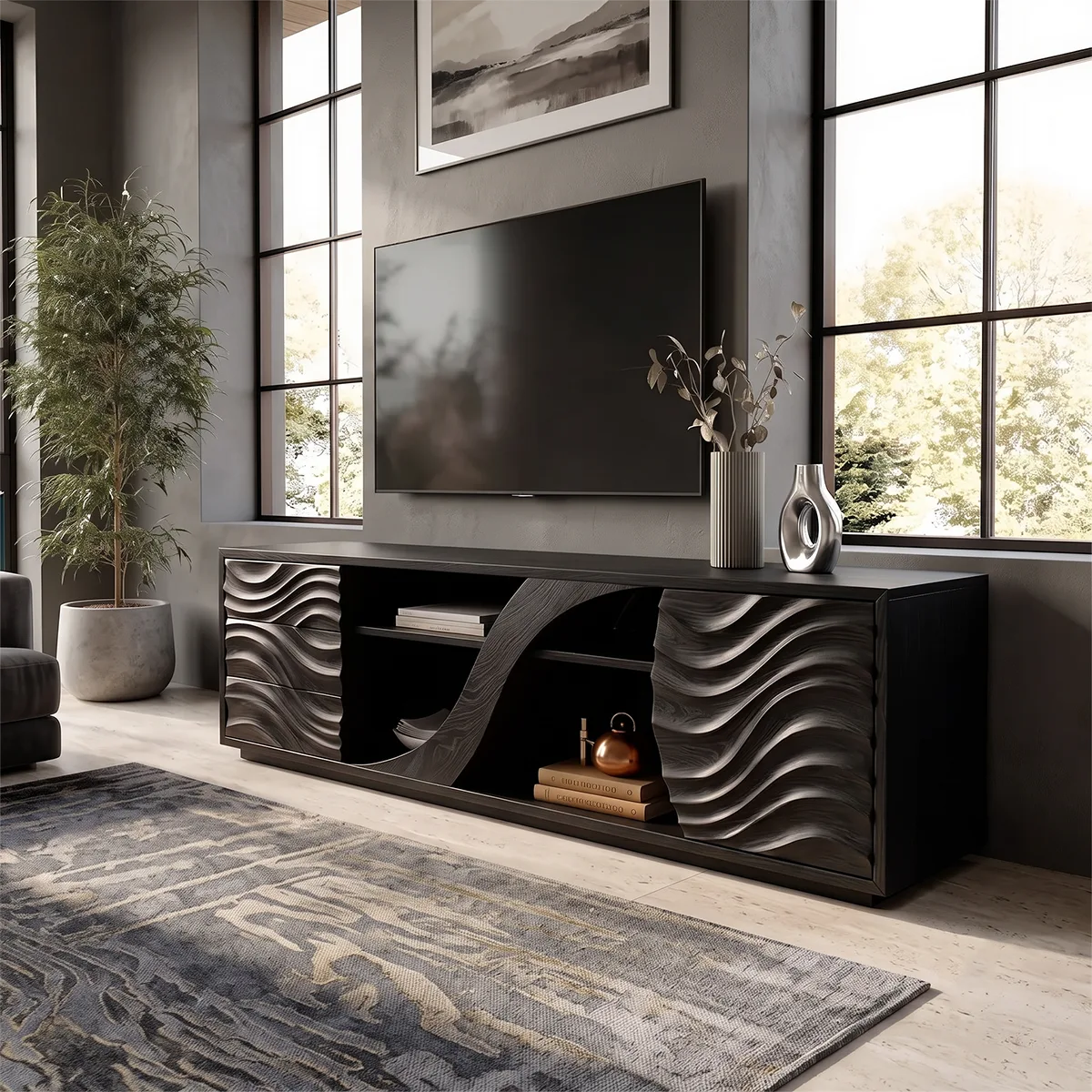 Wave Carved TV Stand with Drawers & Cabinet | Sculptural Media Console TH003-4MXF2YH