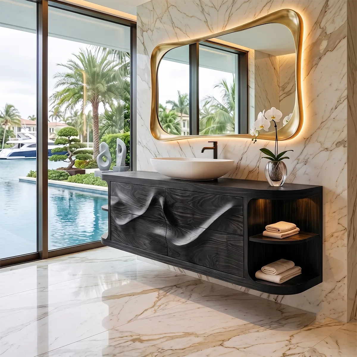 Sculptural Floating Bathroom Vanity with Artistic Wave Front & Open Side Shelves