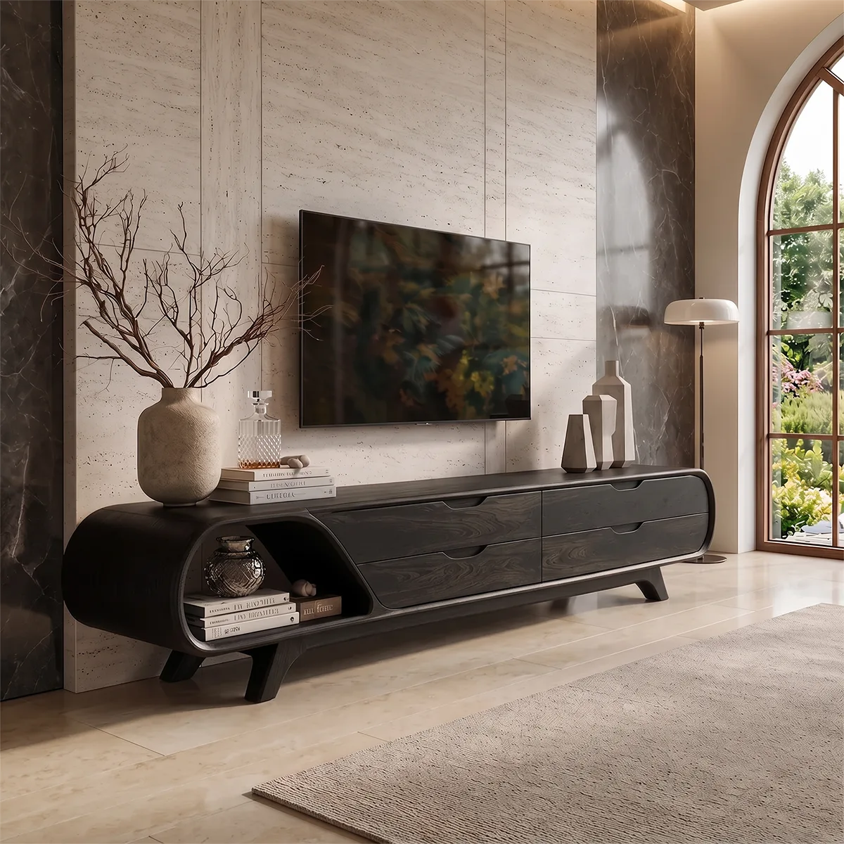 Modern Curved TV Stand with 4 Drawers & Open Shelf | Sculptural Low Profile Media Console