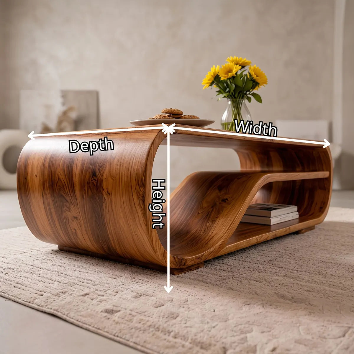 Curved Solid Wood Coffee Table with Storage | Modern Sculptural Living Room Center Table TT006-2757