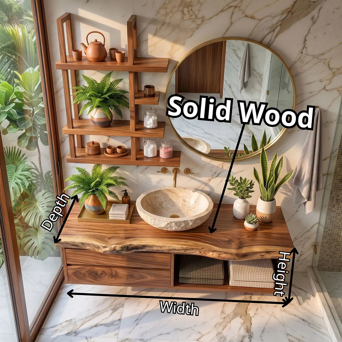 Floating Solid Wood Bathroom Vanity with Drawers & Open Shelf | Wall Mounted Bathroom Vanity with Live Edge Countertop TT006-5OAT6SE