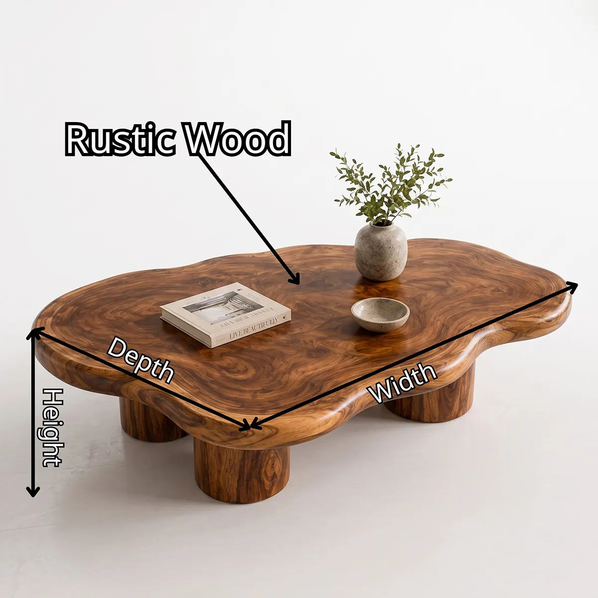 Modern Solid Wood Coffee Table with Organic Freeform Top & Chunky Pedestal Legs TT006-8265