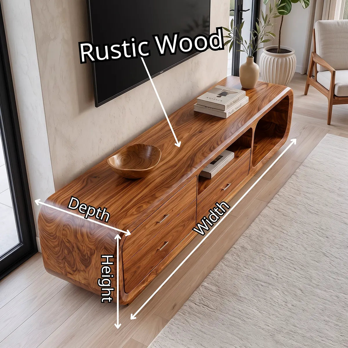 Modern Curved TV Stand with 3 Drawers & Open Media Storage | Sculptural Low Profile Entertainment Console