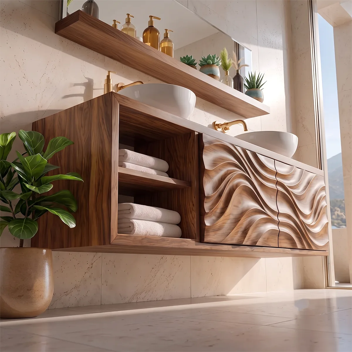 Double Sink Floating Bathroom Vanity with 2 Sculpted Doors | Modern Wall Mounted Vanity TH003-3PGW8ZW