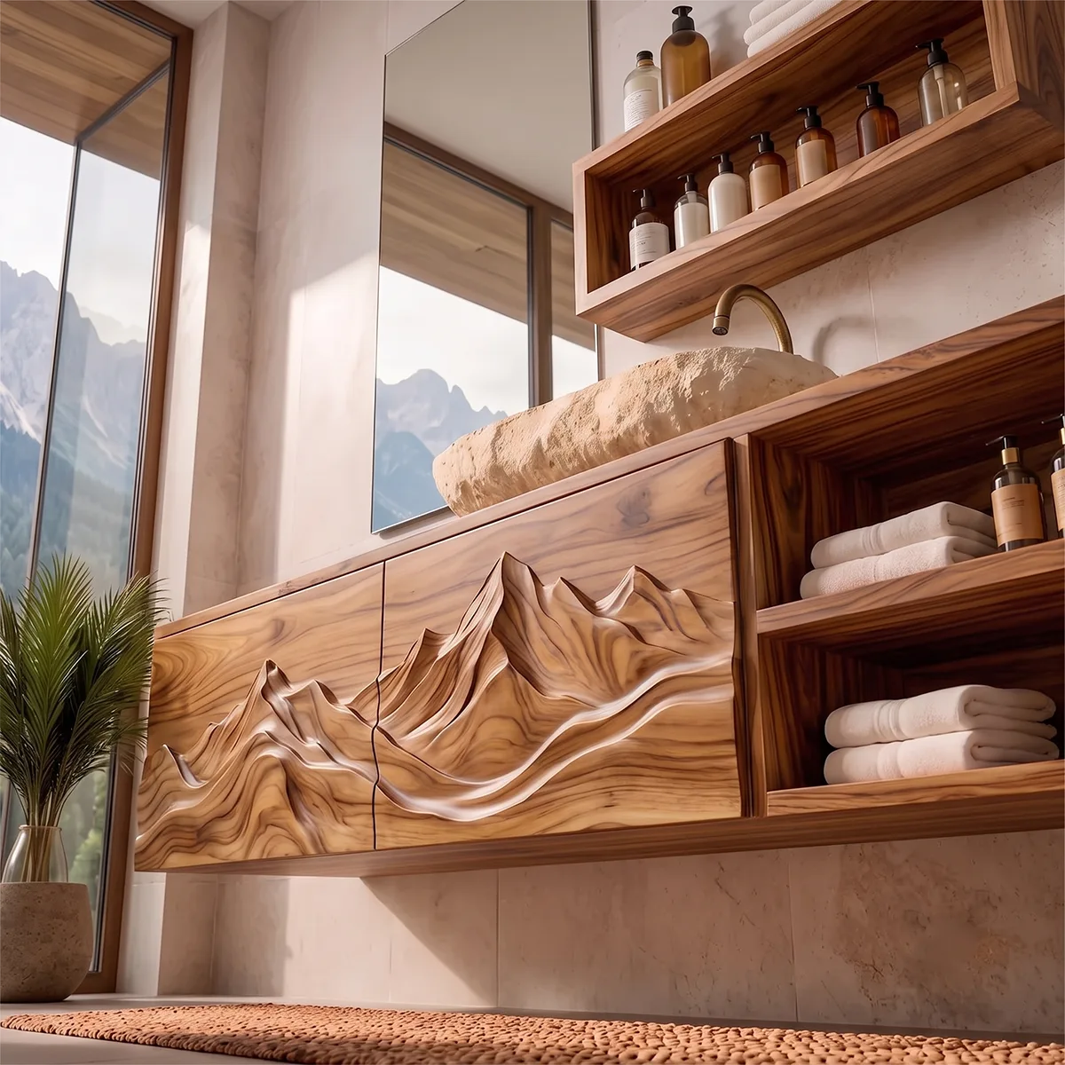 Floating Bathroom Vanity with Mountain Carved Doors & Open Side Shelves TH003-3HMW2TU