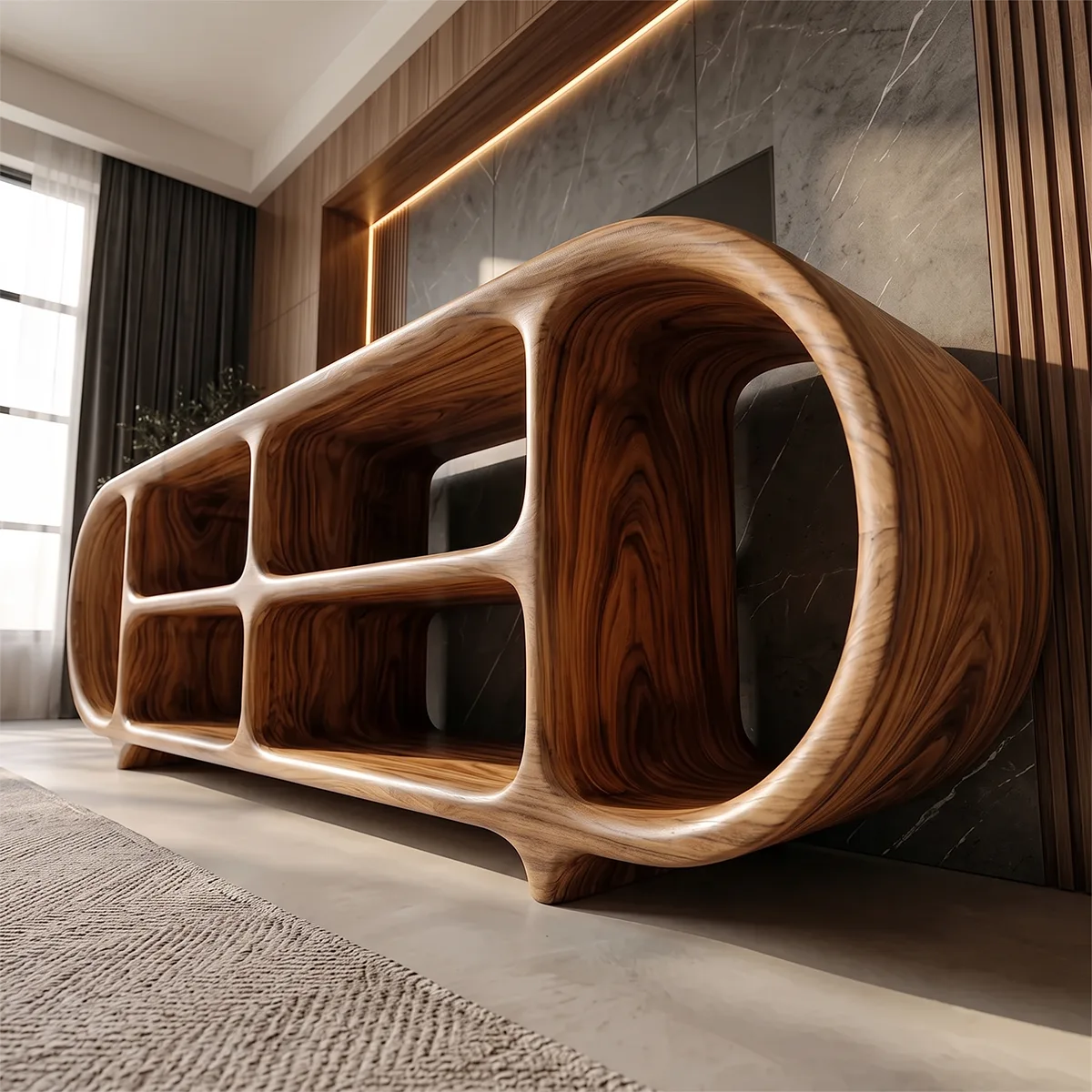 Sculptural TV Stand with Open Shelves | Organic Modern Media Console TH003-2CWG4EI