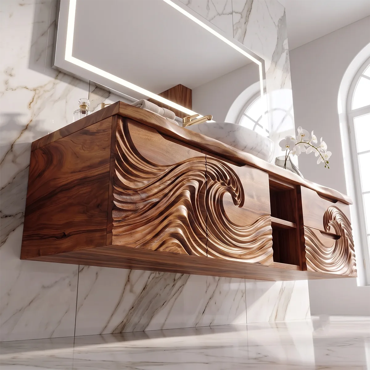 Modern Floating Bathroom Vanity with Wave Carved Cabinet, Open Shelf & Dual Drawers TH003-5MOV2YH
