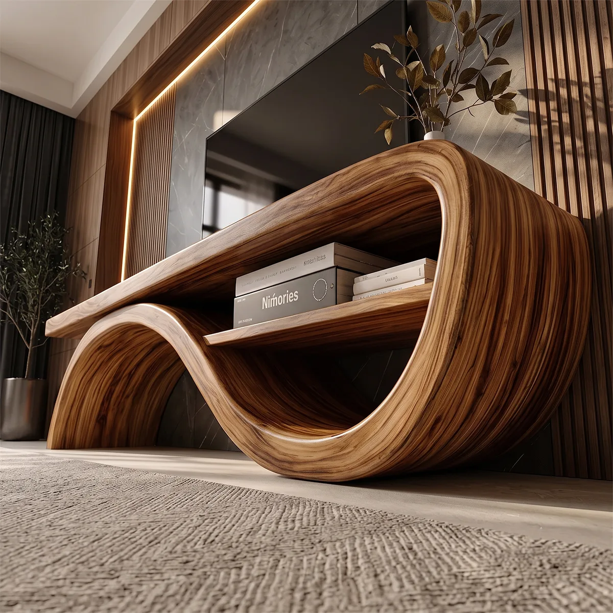Organic Modern Sculptural TV Stand with Curved Open Shelf | Designer Media Console TH003-9FXK3JC