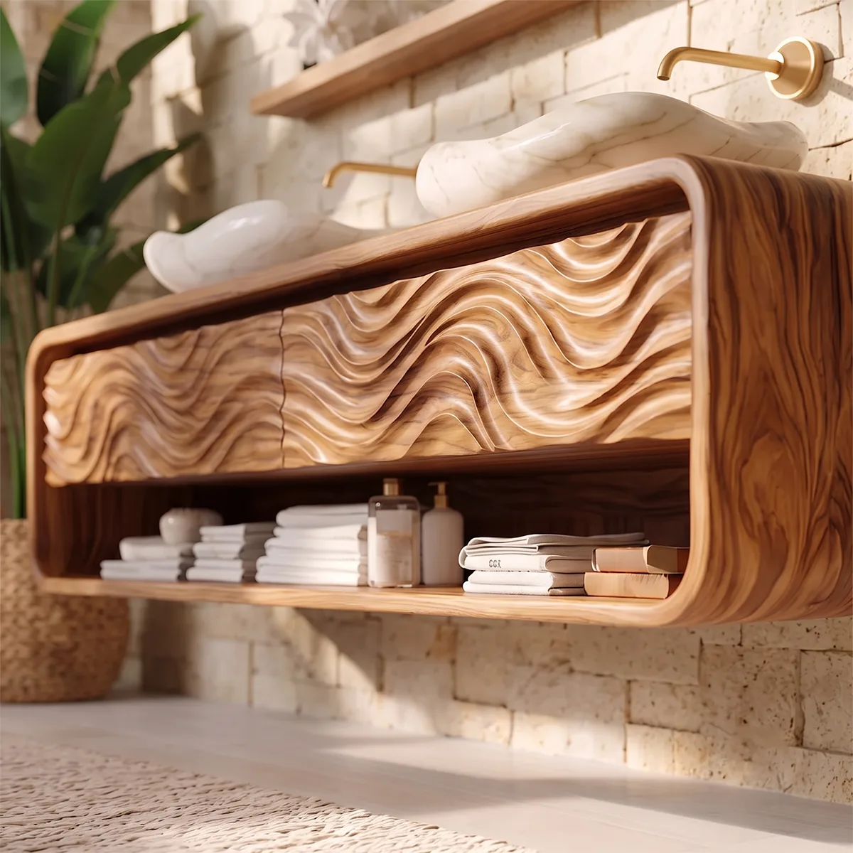 Modern Floating Bathroom Vanity with Drawers & Open Shelf | Wall-Mounted Vanity with Rounded Waterfall Design TH003-4NBY6SF