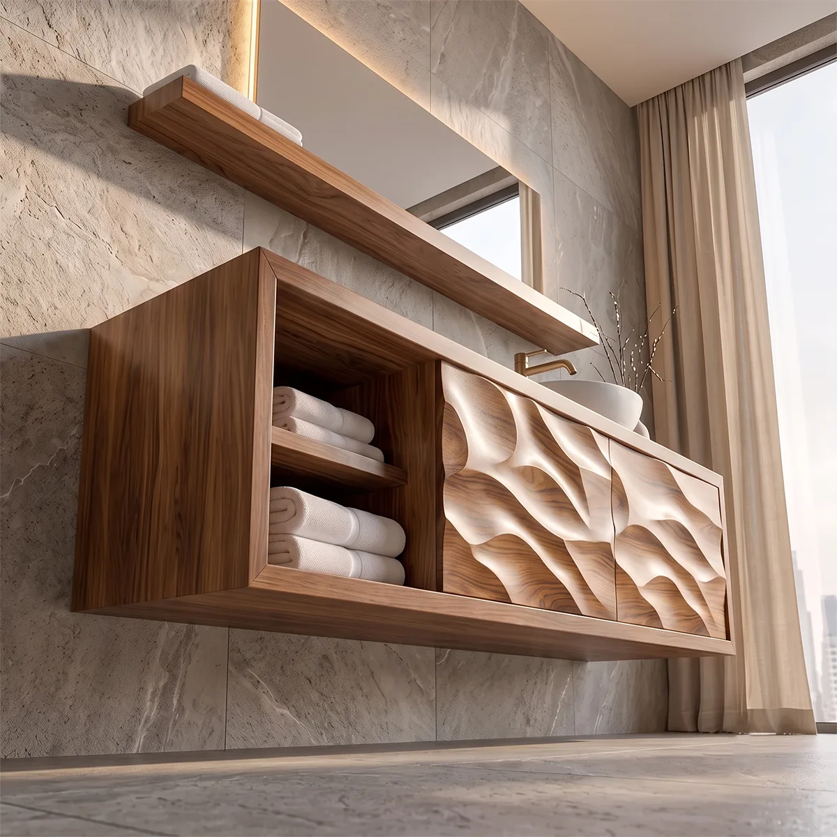 Modern Floating Bathroom Vanity with Sculpted Wave Doors | Wall Mounted Vanity Cabinet TH003-9UNQ5XS