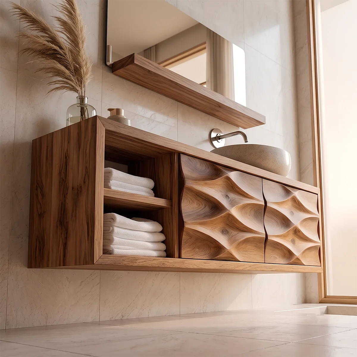 Modern Floating Bathroom Vanity with Sculpted Wave Doors | Wall-Mounted Vanity Cabinet TH003-6TQY1HS