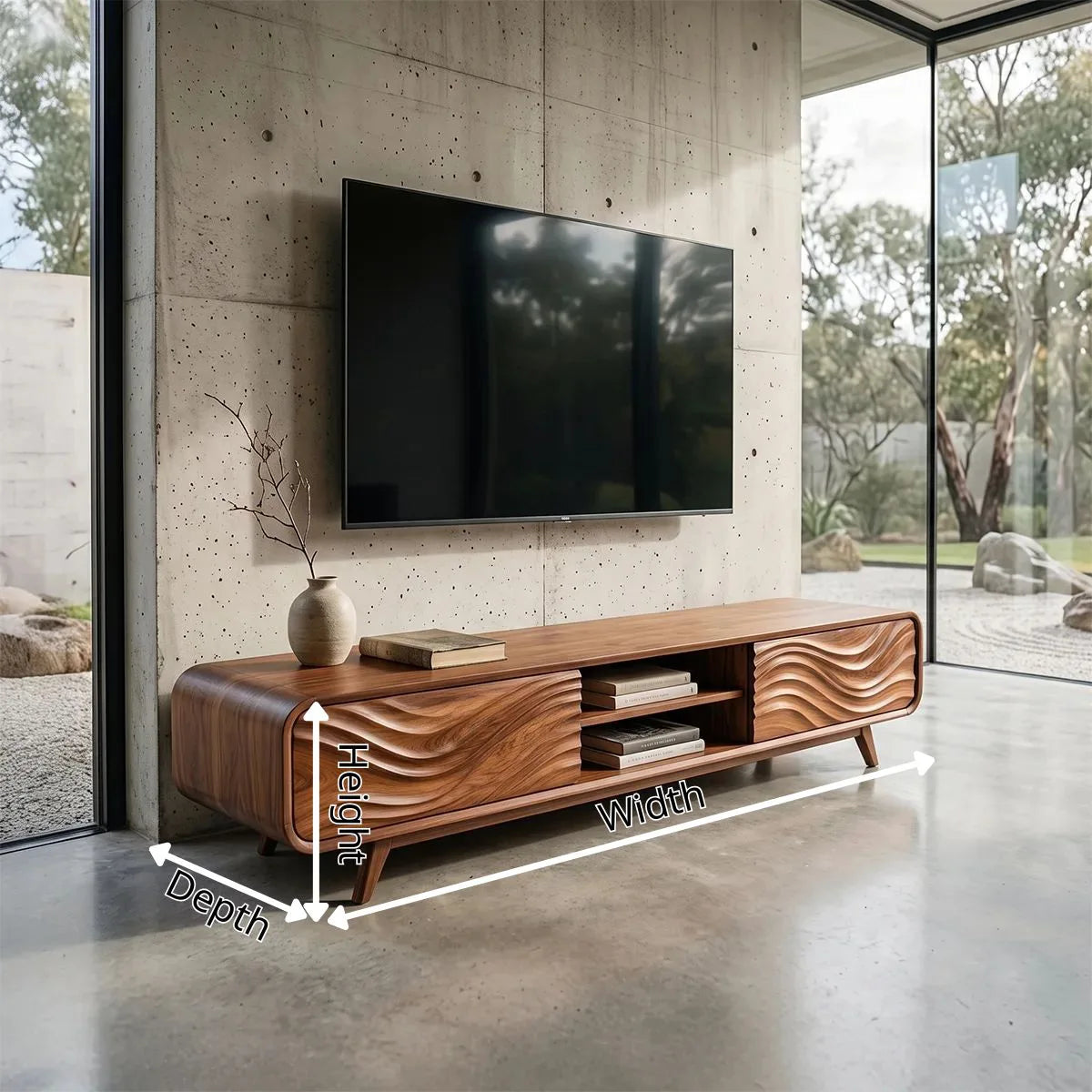 Wave Carved TV Stand with Cabinets & Open Shelves | Modern Media Console TH003-5DZA7TF