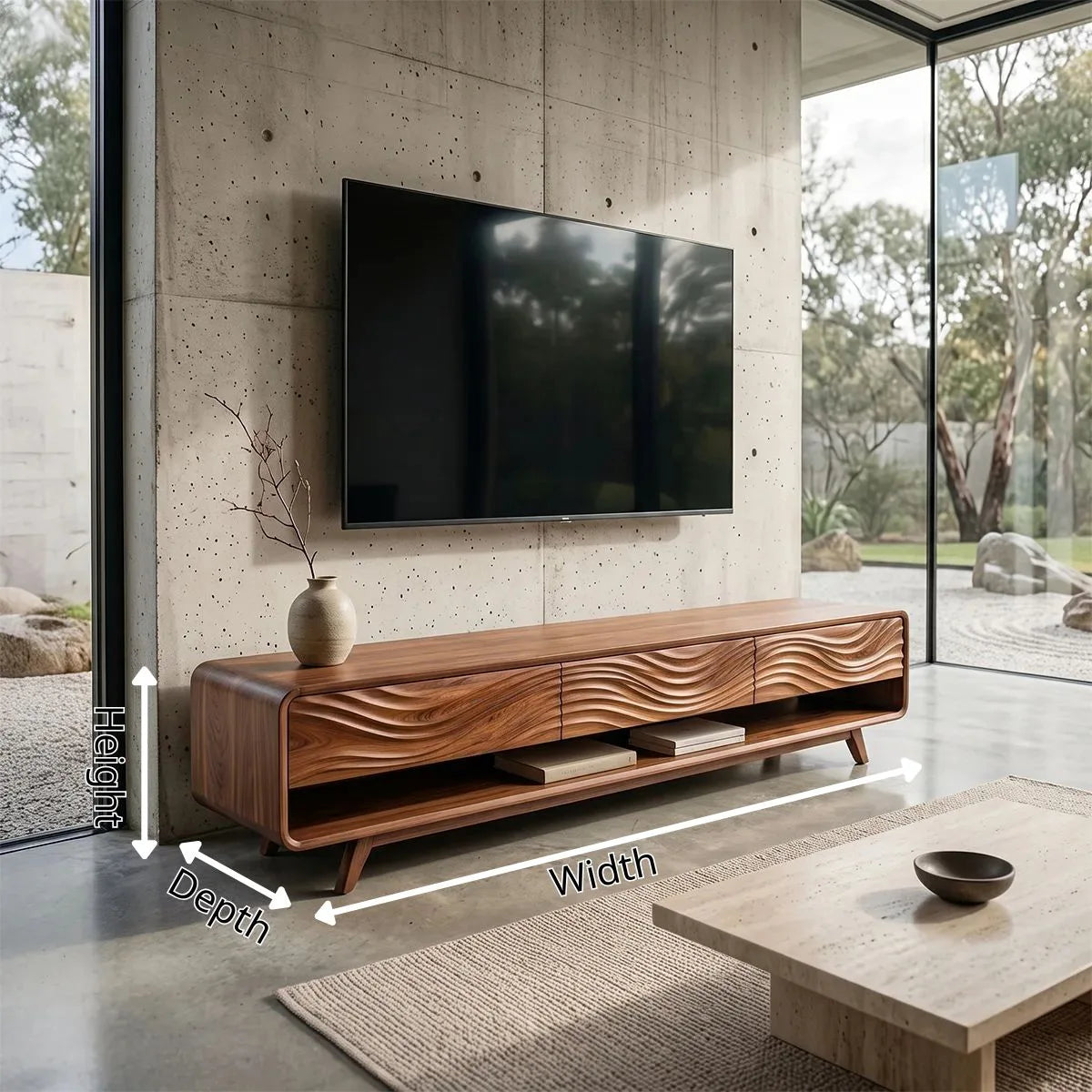 Wave Carved TV Stand with 3 Drawers & Open Shelf | Modern Media Console TH003-7KHK3MC