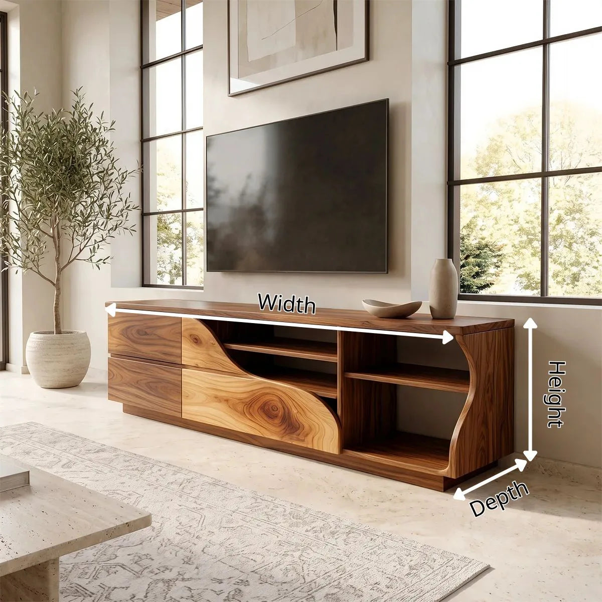 Asymmetrical TV Stand with Drawers & Open Shelves | Sculptural Media Console TH003-7SZG2XE