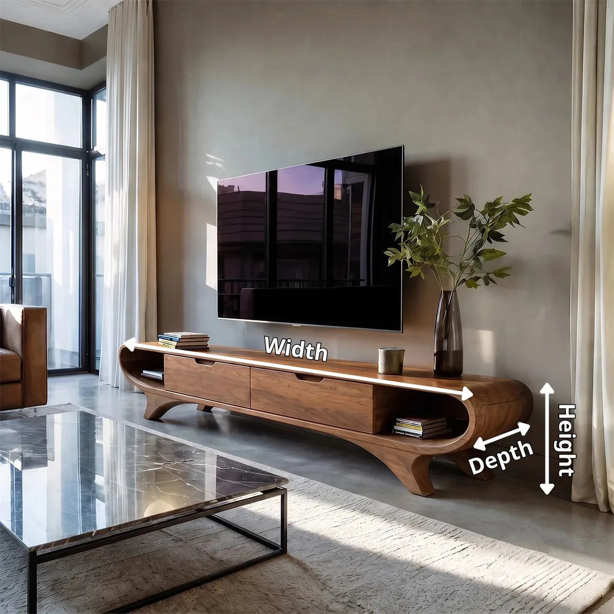 Modern Curved TV Stand with 2 Drawers & Open Side Shelves | Low Profile Media Console