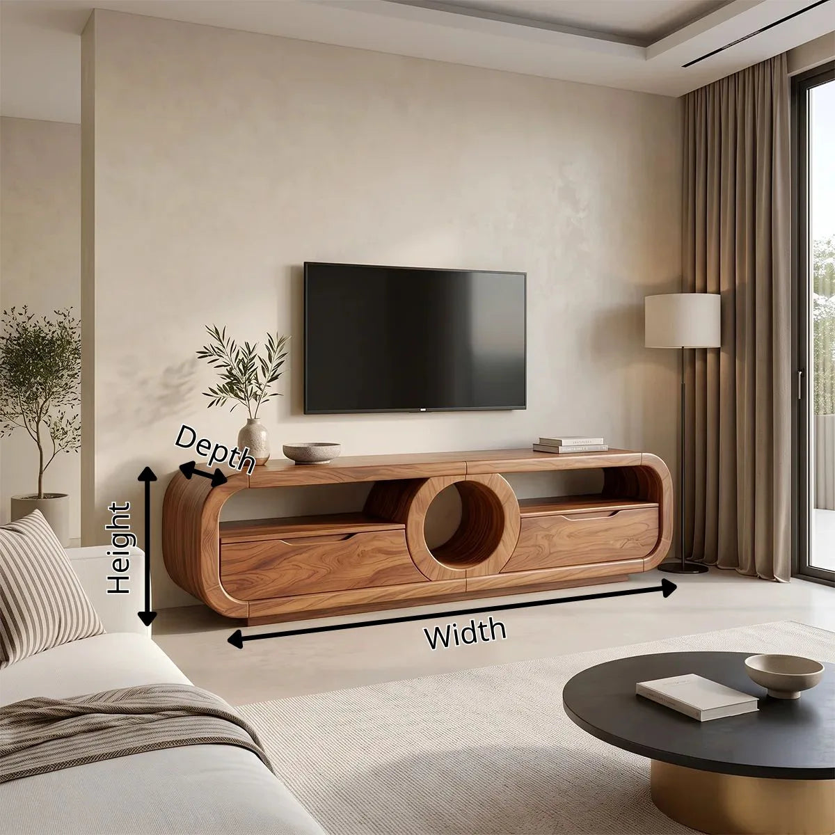 Modern TV Stand with Circular Shelf & Drawers | Sculptural Media Console TH003-7HDN2FQ