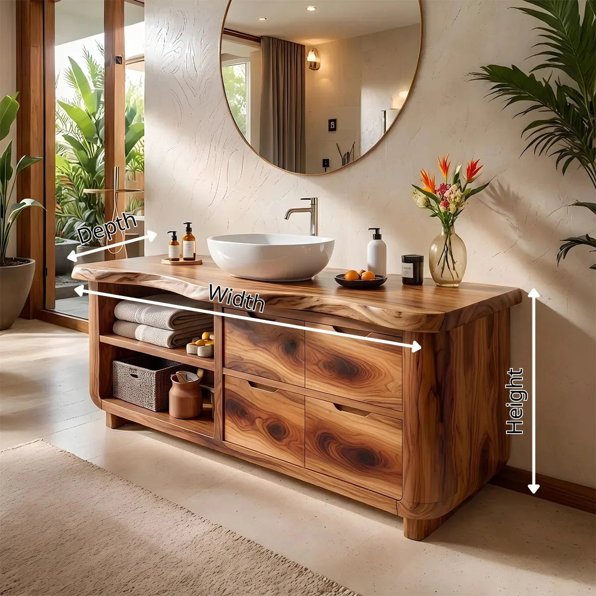 Organic Live Edge Bathroom Vanity with Open Shelving & Storage Drawers TH003-2XFK6JI