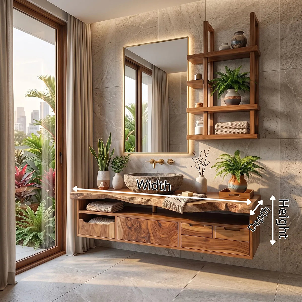 Organic Live Edge Floating Bathroom Vanity with Open Storage & Multi-Drawer Cabinet TH003-3OXF9BY