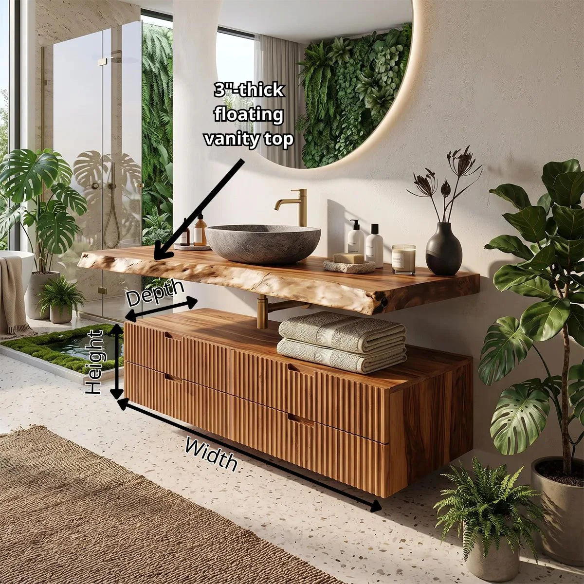 Floating Fluted Bathroom Vanity | Modern Live Edge Wood Vanity TH003-8BWH6MI