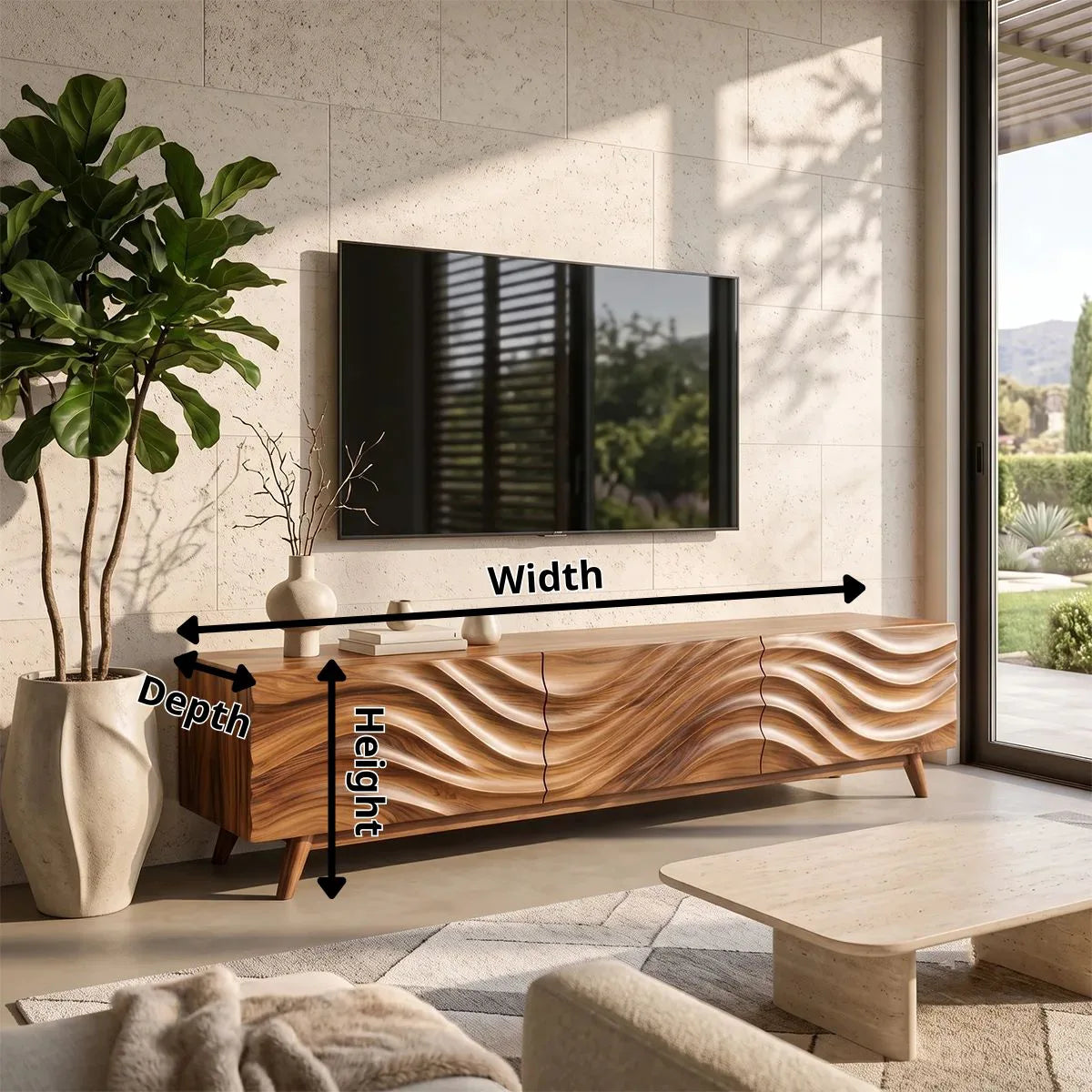 Modern Wave Front TV Stand with Dual Cabinets & Center Drawer | Contemporary Media Console TH003-9IBA7YN