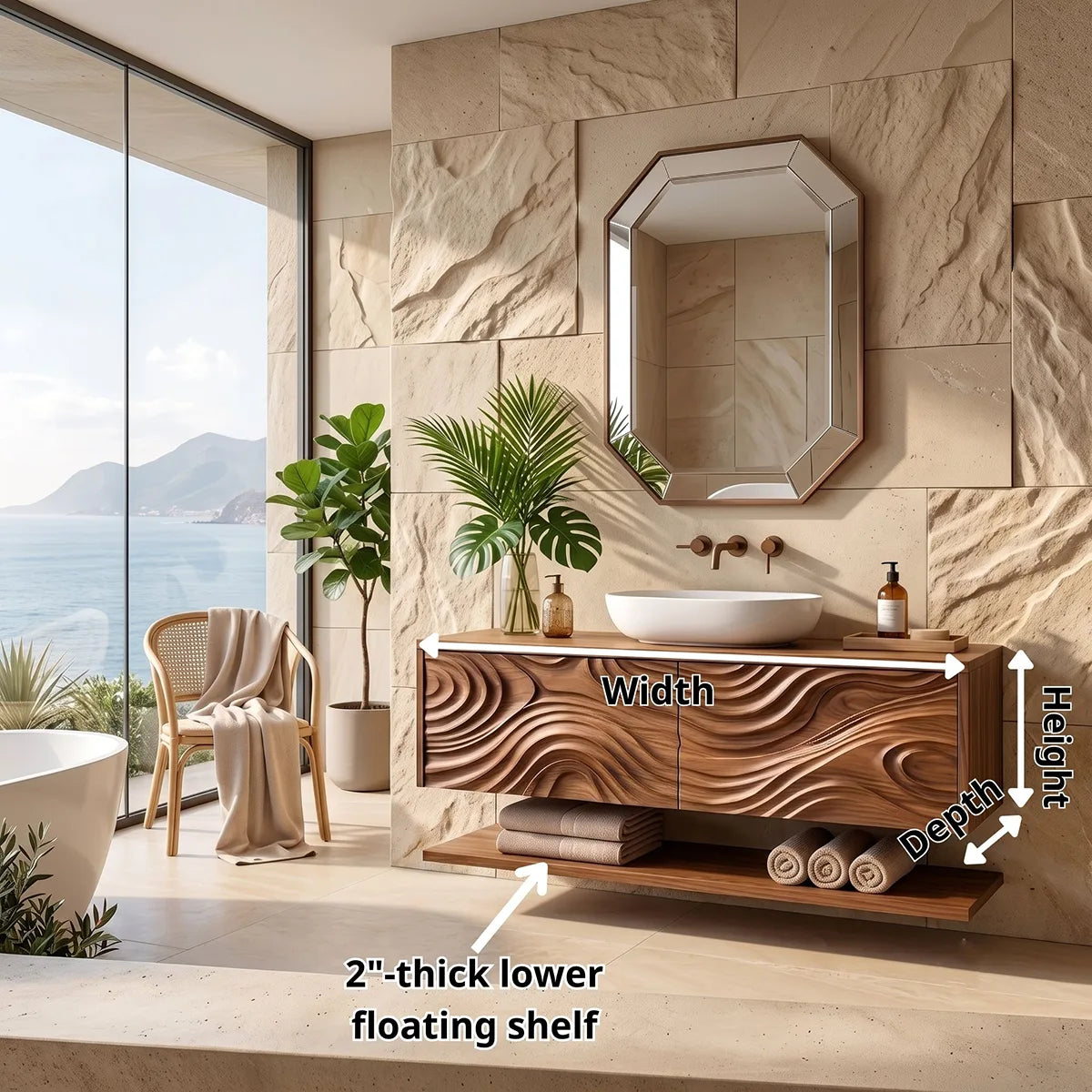 Floating Bathroom Vanity with Sculpted Wave Doors & Open Shelf | Modern Solid Wood Vanity TH003-9MII5QN
