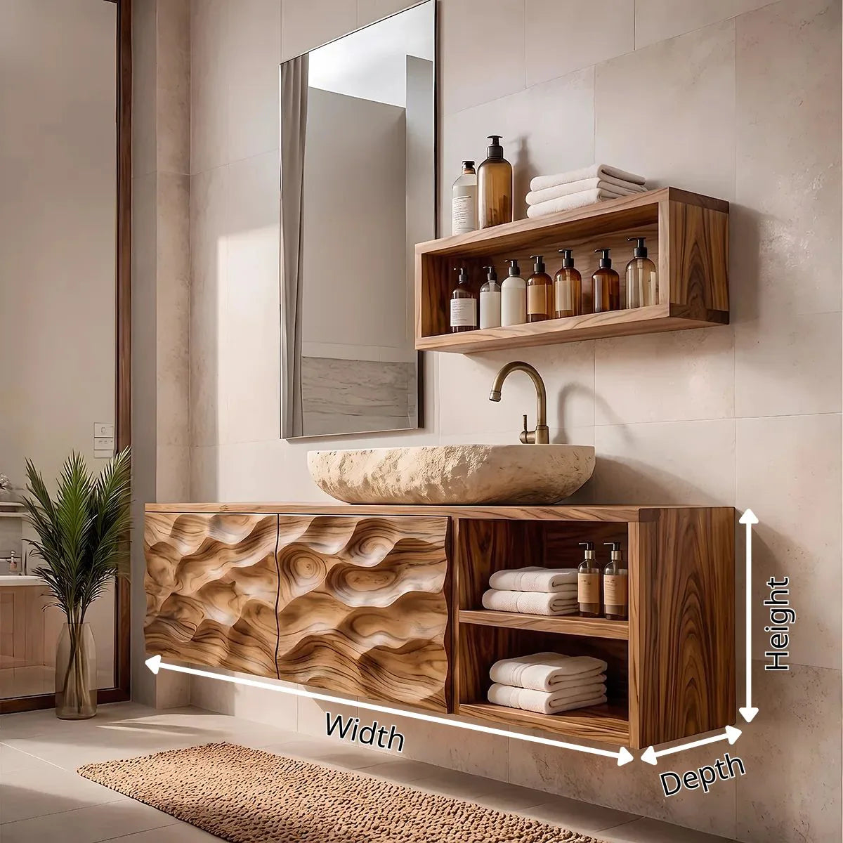 Floating Bathroom Vanity with Sculptural Cabinets & Open Side Shelves | Modern Vanity Cabinet TH003-4JYP9HL