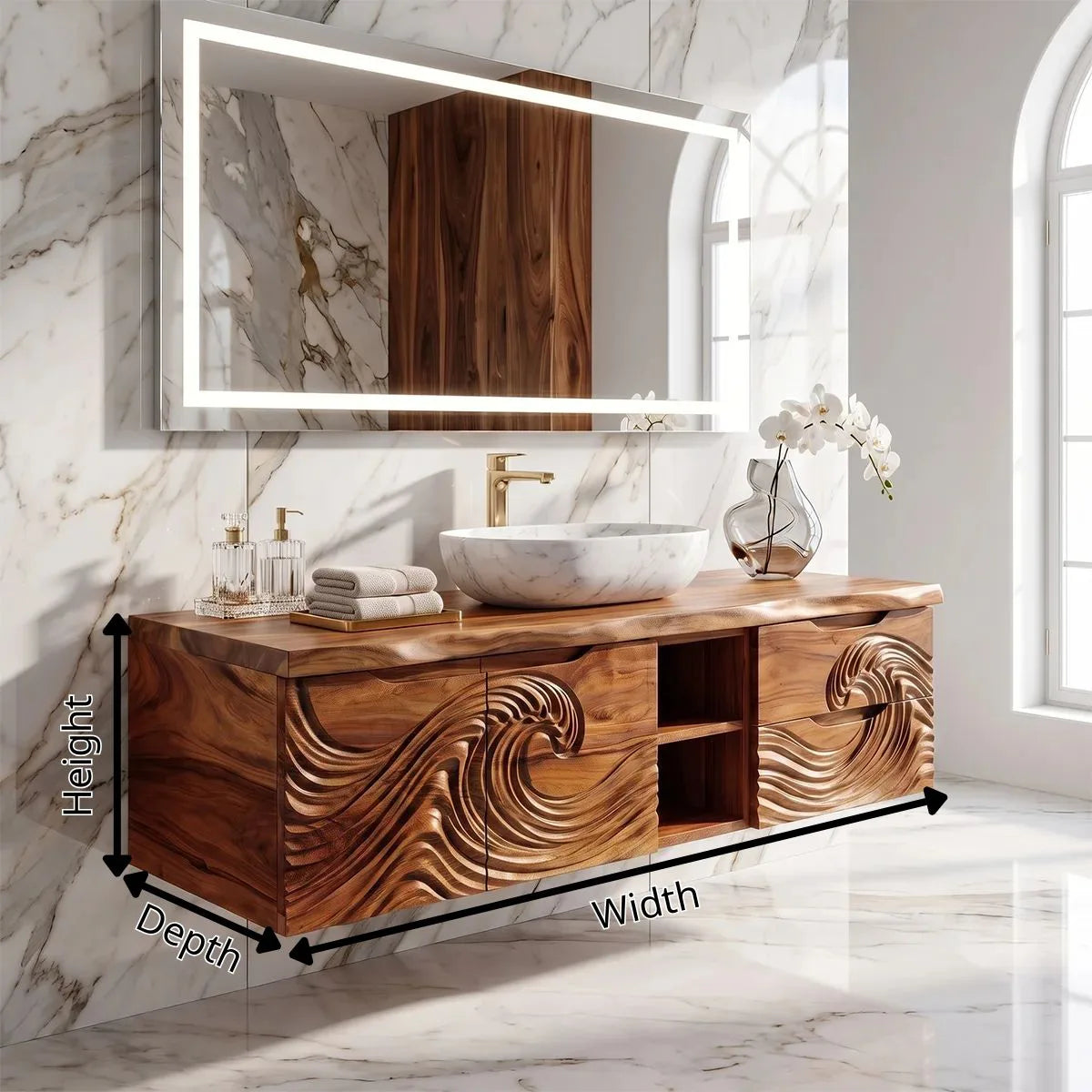 Modern Floating Bathroom Vanity with Wave Carved Cabinet, Open Shelf & Dual Drawers TH003-5MOV2YH