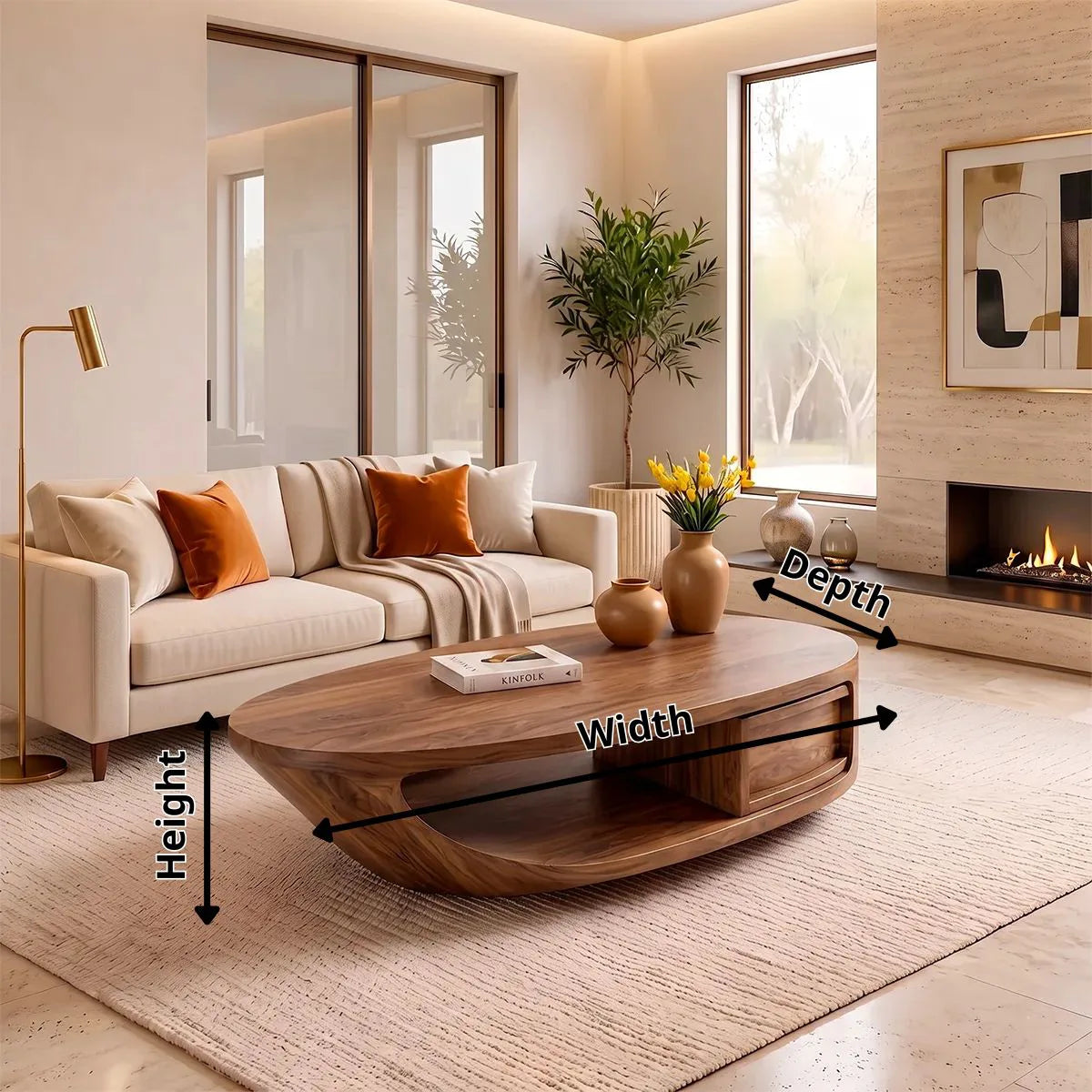 Modern Oval Coffee Table | Organic Sculptural Low Profile Living Room Center Table
