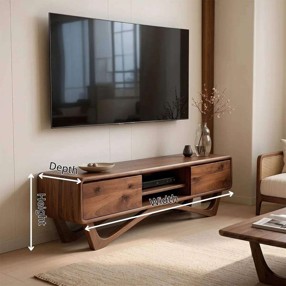 Modern TV Stand with 2 Cabinets & Open Shelves | Sculptural Media Console