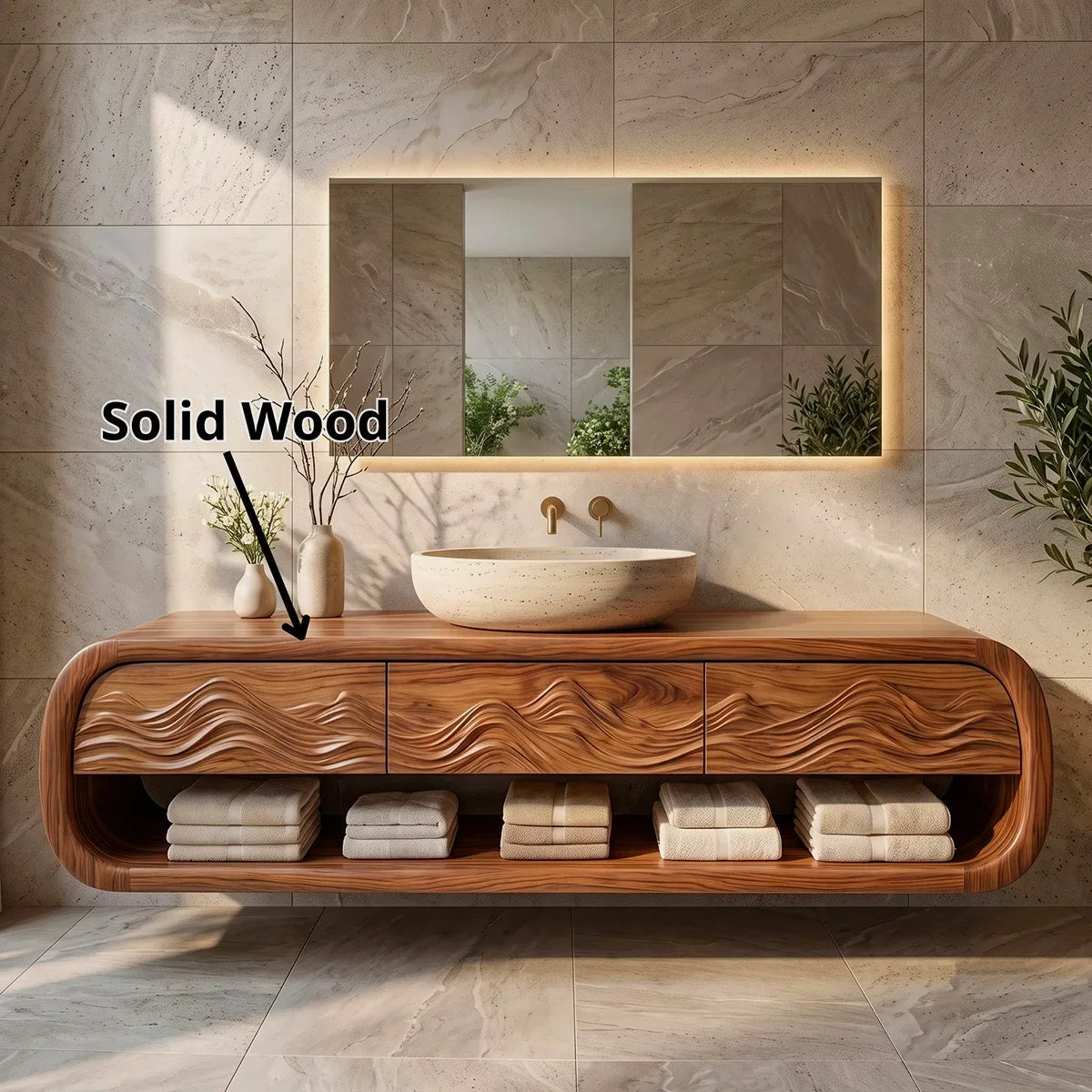 Modern Floating Bathroom Vanity with Drawers, Open Shelf & Curved Waterfall Design TH003-3PJG6FT