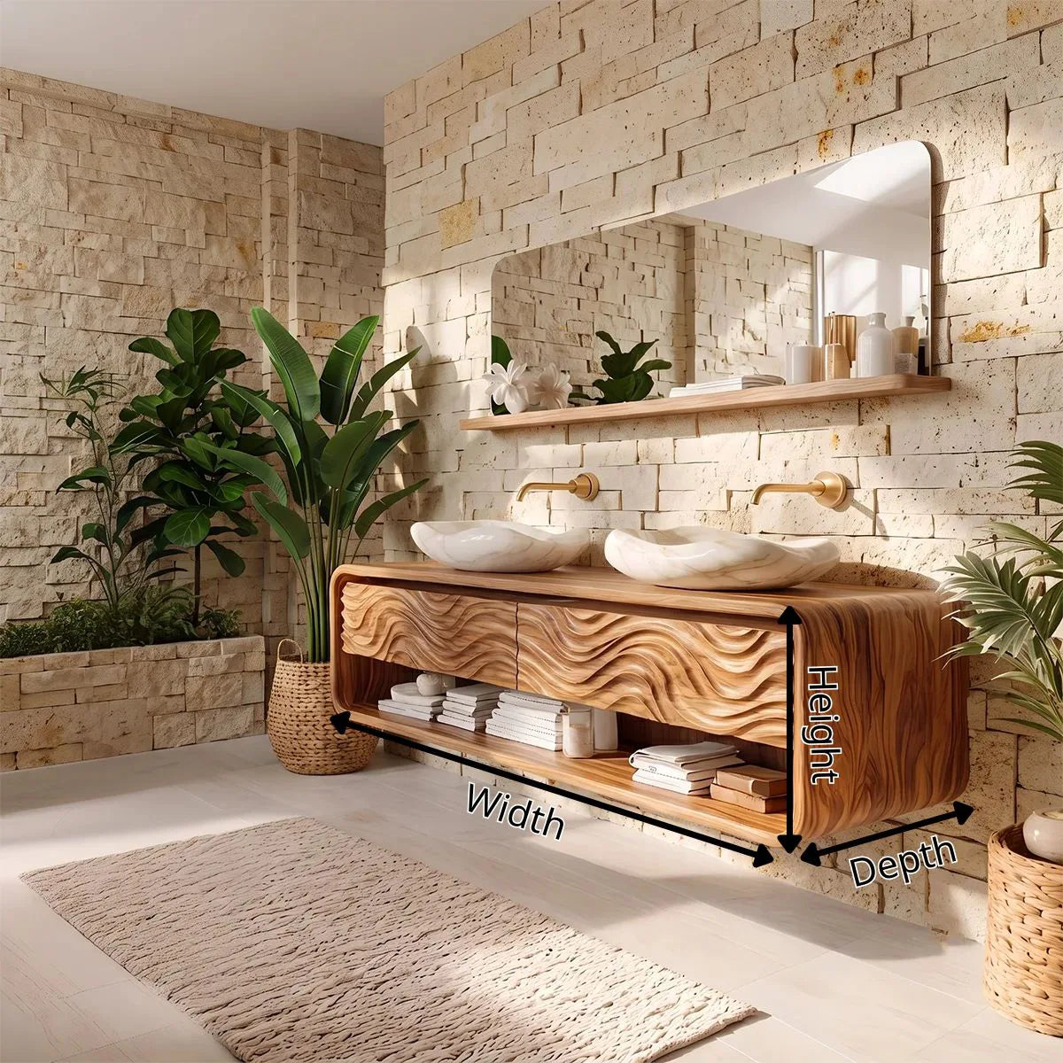 Modern Floating Bathroom Vanity with Drawers & Open Shelf | Wall-Mounted Vanity with Rounded Waterfall Design TH003-4NBY6SF
