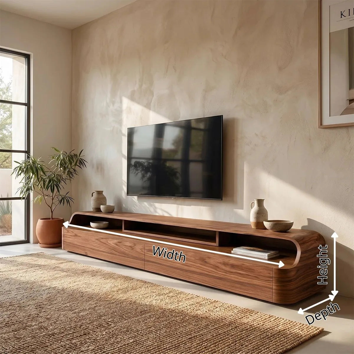 Modern Low Profile TV Stand with 2 Drawers & Open Media Shelves