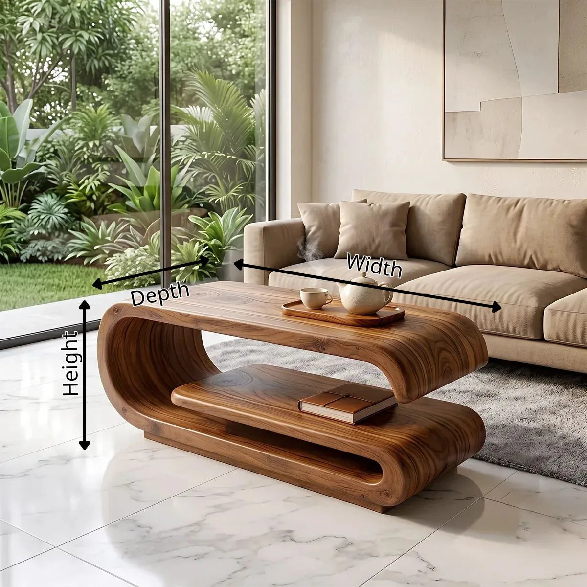 Modern Waterfall Coffee Table with Open Shelf | Contemporary Curved Center Table for Living Room TH003-6318