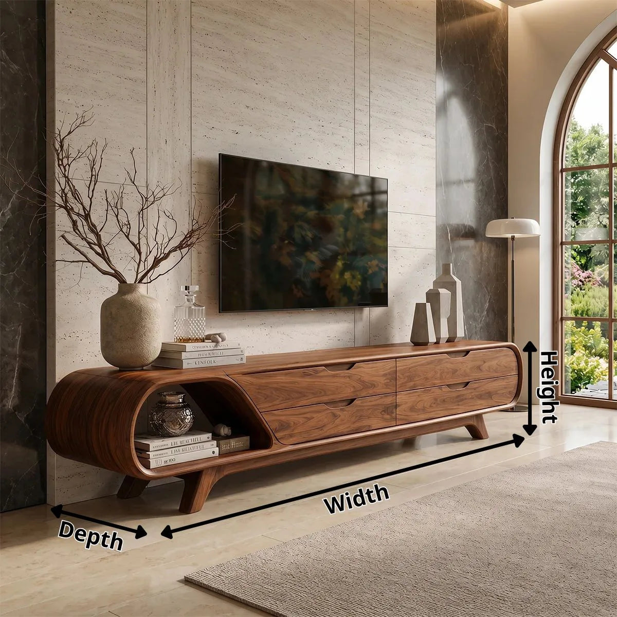 Modern Curved TV Stand with 4 Drawers & Open Shelf | Sculptural Low Profile Media Console