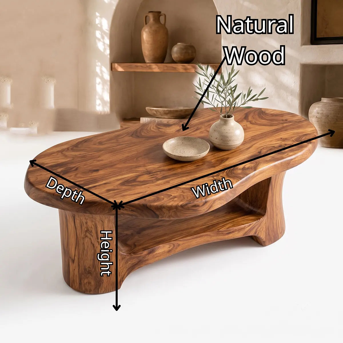 Organic Freeform Solid Wood Coffee Table with Open Shelf | Sculptural Living Room Table TT006-5759