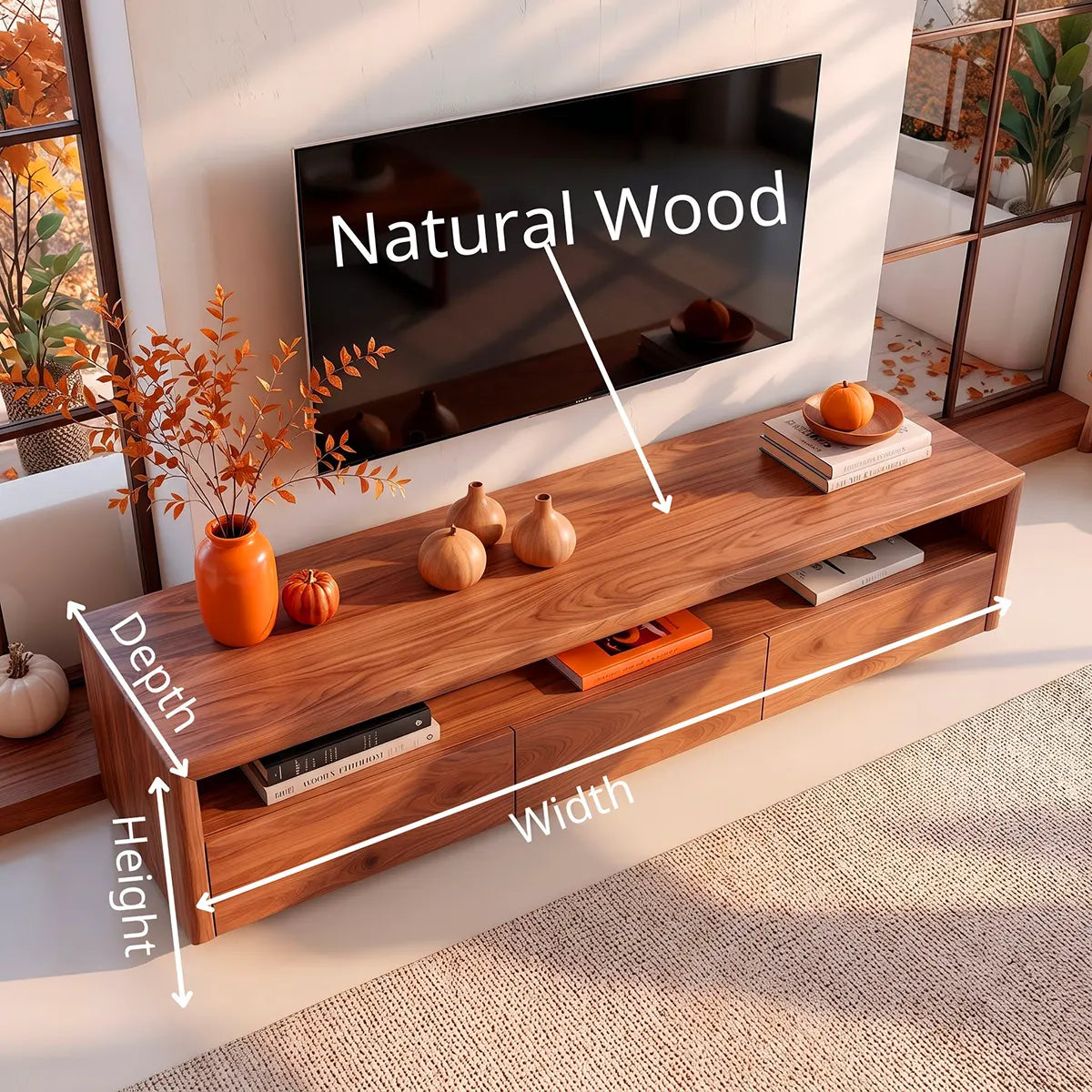 Modern TV Stand with 3 Enclosed Storage Compartments & Long Open Media Shelf